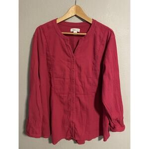 Coldwater Creek Womens Top 2X Fuchsia Gauzy Button Up Roll Tab Sleeve Modern